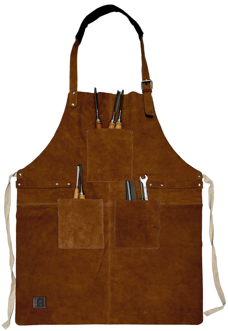 RUSTIC TOWN Leather Grill Work Apron with Tool Pockets ~ Adjustable up to XXL for Men & Women ~ Leather Tool Apron Tan