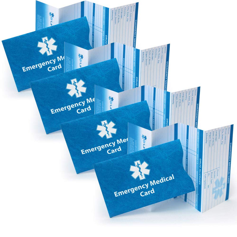 Emergency Medical Alert Informations ID Wallet Cards with Protective Tyvek Sleeves – Recognizable Star of Life Symbol for First Responders, Pocket Size, Pack of 4