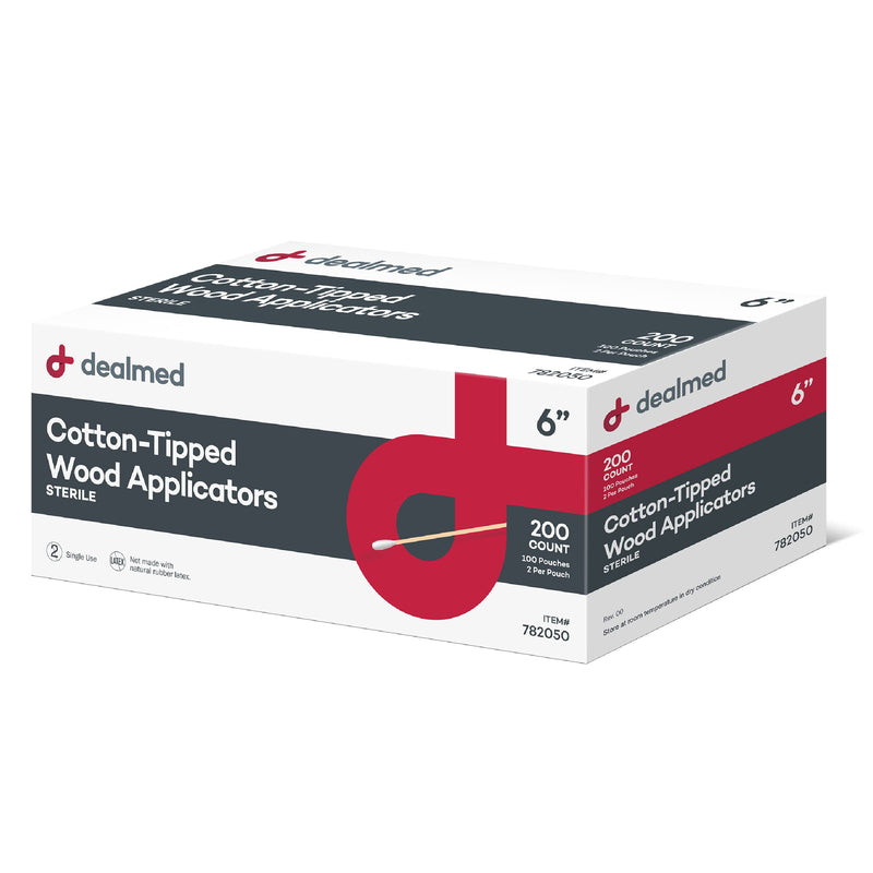 Dealmed 6" Cotton-Tipped Wood Applicators – 200 Sterile Cotton-Tipped Applicators for Application of Medication, Cleaning Skin, Arts, Crafts and More (Box of 200) 6" Sterile (Box of 200)