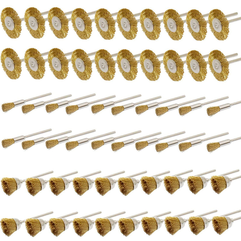Brass Wire Brushes Cup Wheels Polish Cleaning Brush Kit Polishing Attachment Die Grinder Rotary Tools Accessories 3 MM Mandrel 60 Pieces