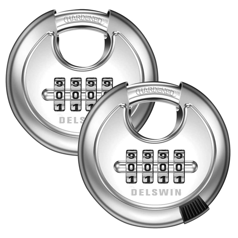 DELSWIN 4 Digit Combination Lock Disc Padlock with Hardened Steel Shackle Outdoor Combo Lock for Outdoor Gate Sheds,Storage Unit,Garage,Fence,Gym Locker(2 Pcs) Silver