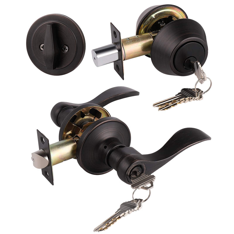 Gobrico Front/Exterior Door Lever Lockset with Single Cylinder Deadbolt, 1 Pack Keyed Alike Oil Rubbed Bronze Combination Handle Set, Entry Door Lockset with Deadbolt