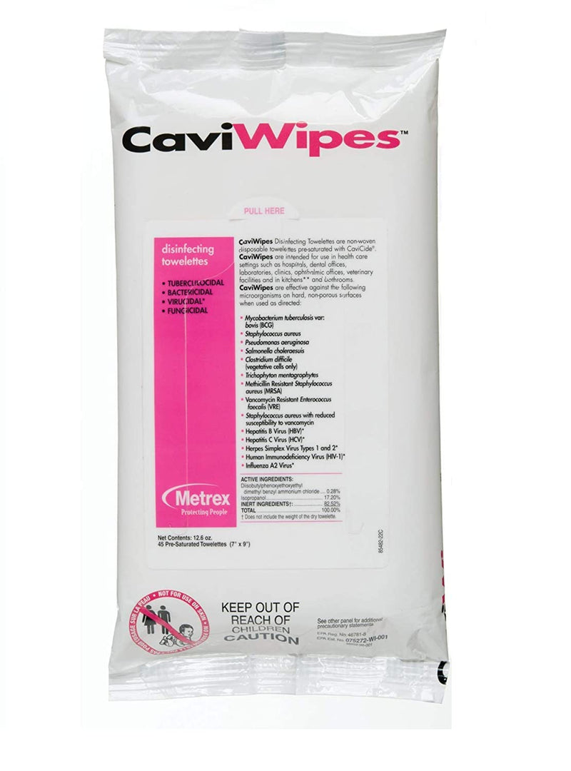 13-1224 CaviWipes Surface Disinfectant Towelette Wipe, 7" Width, 9" Length (Pack of 45)
