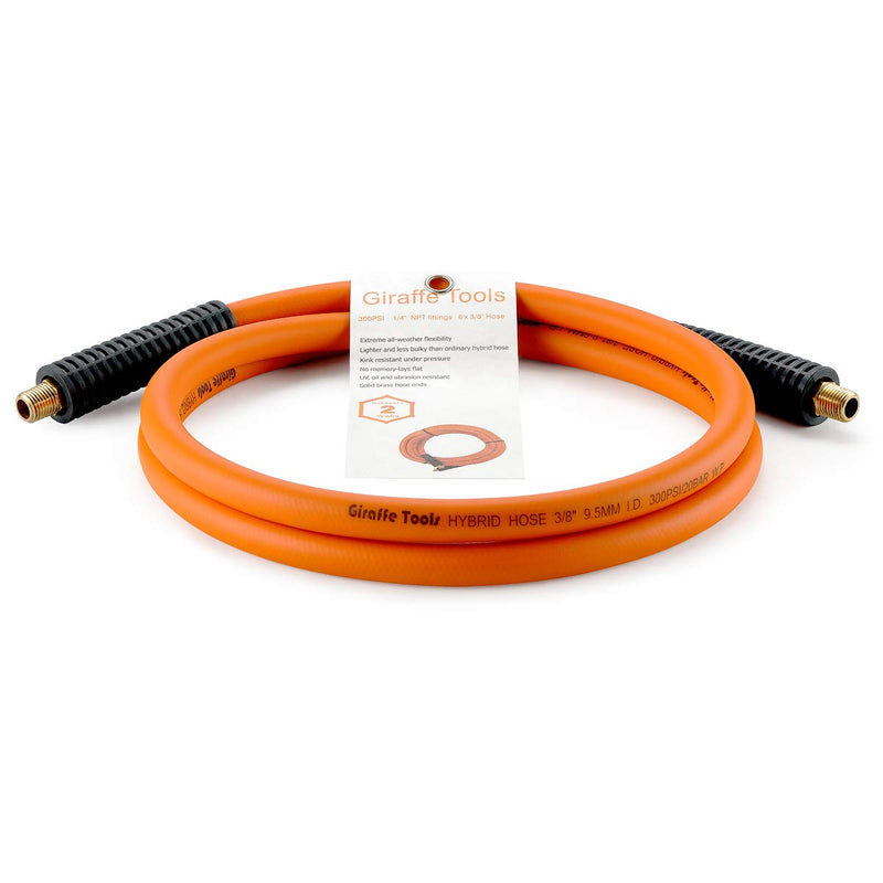 Giraffe Tools Hybrid Lead-in Air Hose, 3/8 inch x 6 ft, 1/4 in. MNPT Fittings, 300 PSI Heavy Duty, Lightweight Air Compressor Hose Short 3/8'' (inches)x6'(feet)