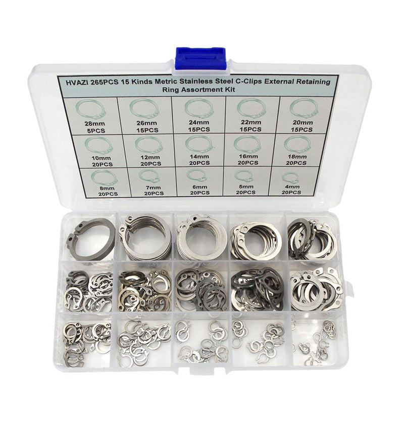 265PCS Metric 304 Stainless Steel C-Clips External Retaining Ring Assortment Kit