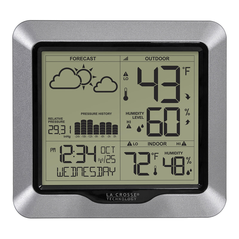 La Crosse Technology Advanced Wireless Weather Station: Dynamic Icons, Barometric Pressure, Atomic Time, Temperature/Humidity Gauge, Recording, Stylish Display, Fast Reception & Long Range (330 Feet) Forecast Station, Silver