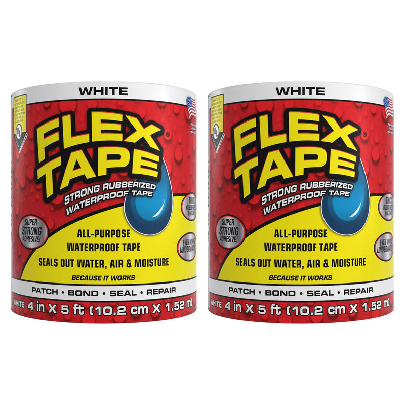 Flex Tape, Original Thick Flexible Rubberized Waterproof Tape - Seal and Patch Leaks, Works Underwater, Indoor Outdoor - Home RV Roof Plumbing and Pool Repairs, White, 4 in x 5 ft, Pack of 2