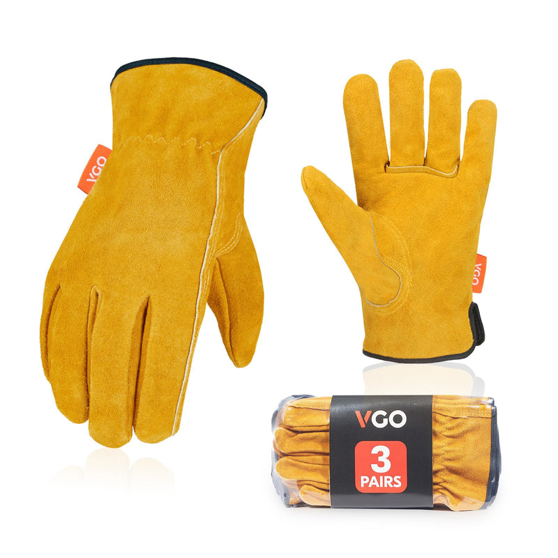 Vgo... 3-Pairs Unlined Cowhide Split Leather Work and Driver Gloves, for Heavy Duty, Truck Driving, Warehouse, Gardening, Farm (Size L, Gold, CB9501) Large(Pack of 3) Gold - Cowhide Split Leather