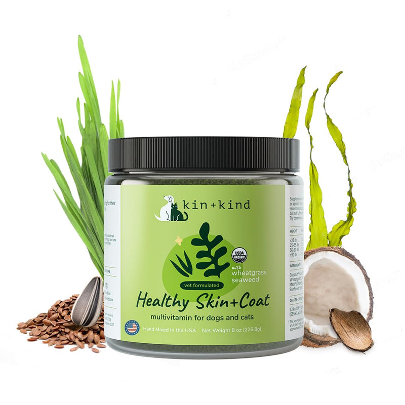 kin+kind Organic Multivitamin for Dogs & Cats - Vitamins and Supplements for Healthy Skin and Coat - Natural Formula with Wheatgrass, Kelp, Flax Seed, Seaweed and Coconut - Large 8 oz - Made in USA 8 oz (Pack of 1) - PawsPlanet Australia