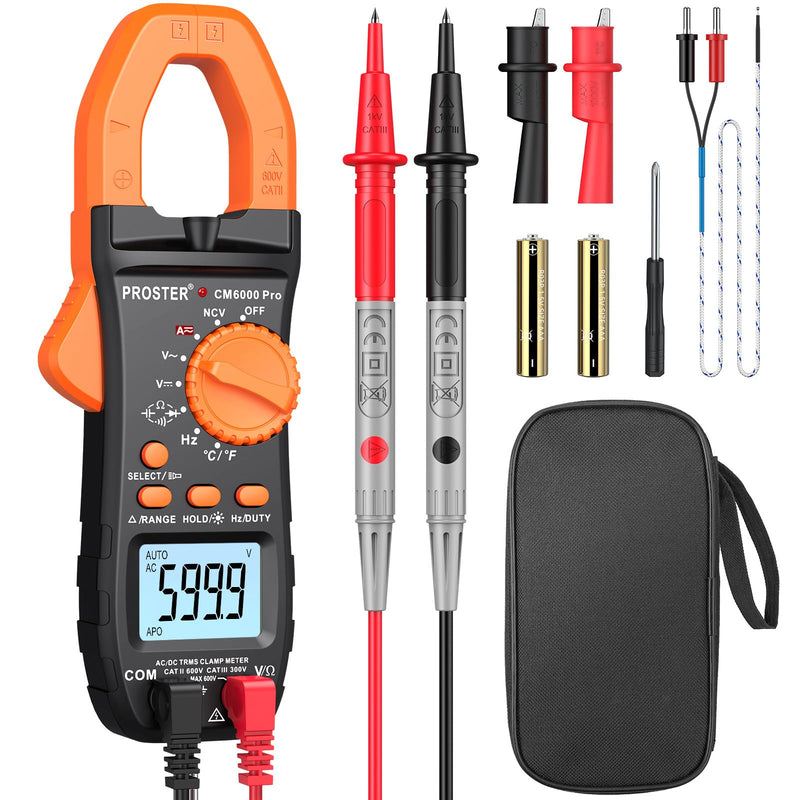Proster Digital Clamp Meter 6000 Count - 800A DC AC Current AC/DC Voltage Multimter, TRMS NCV Continuity Capacitance Resistance Frequency Diode Hz Tester, with Test Leads, Alligator Clips Black 6000Counts