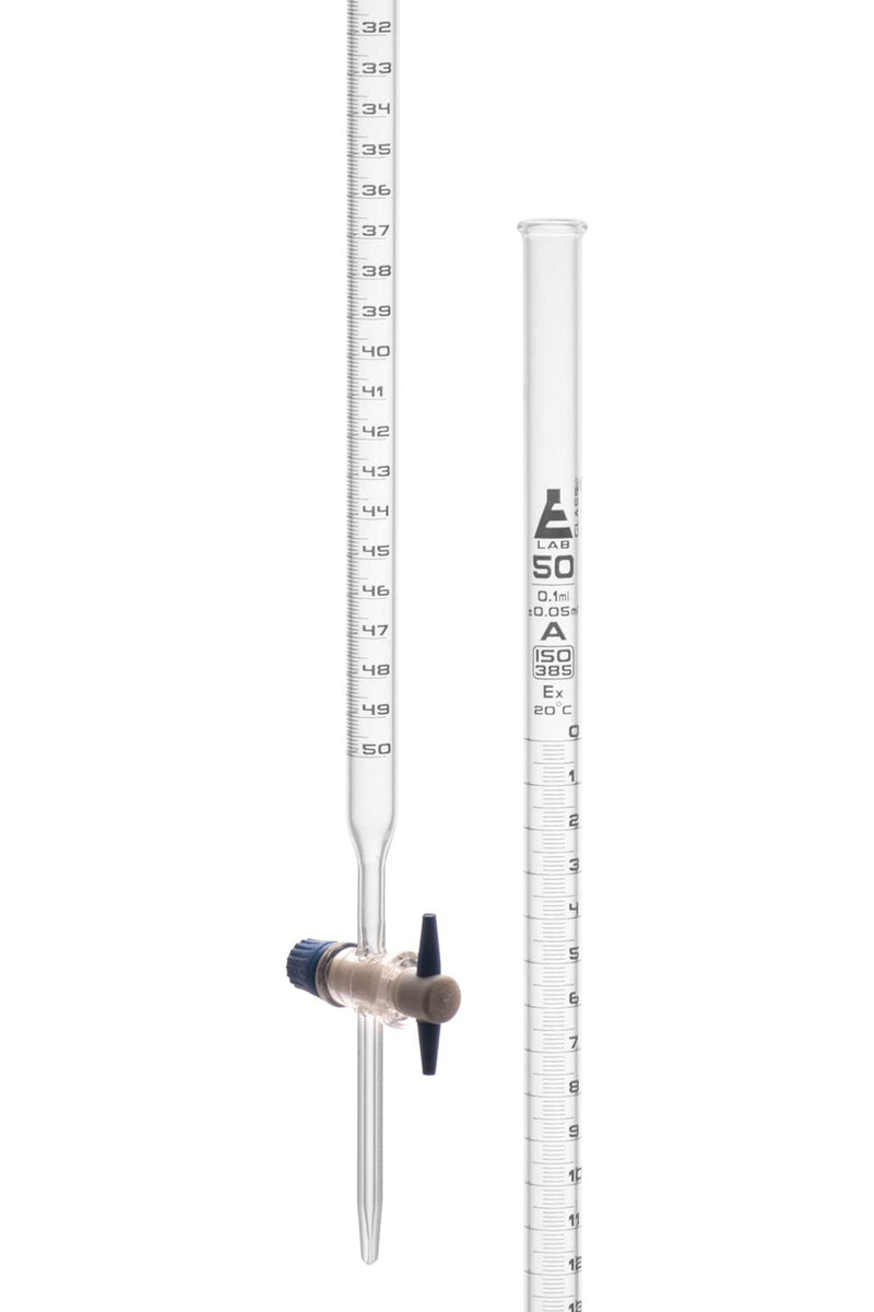 EISCO - Burette, 50mL - Class A, ±0.05mL Accuracy - Borosilicate Glass - Straight Bore PTFE Stopcock - 0.1mL White Graduations