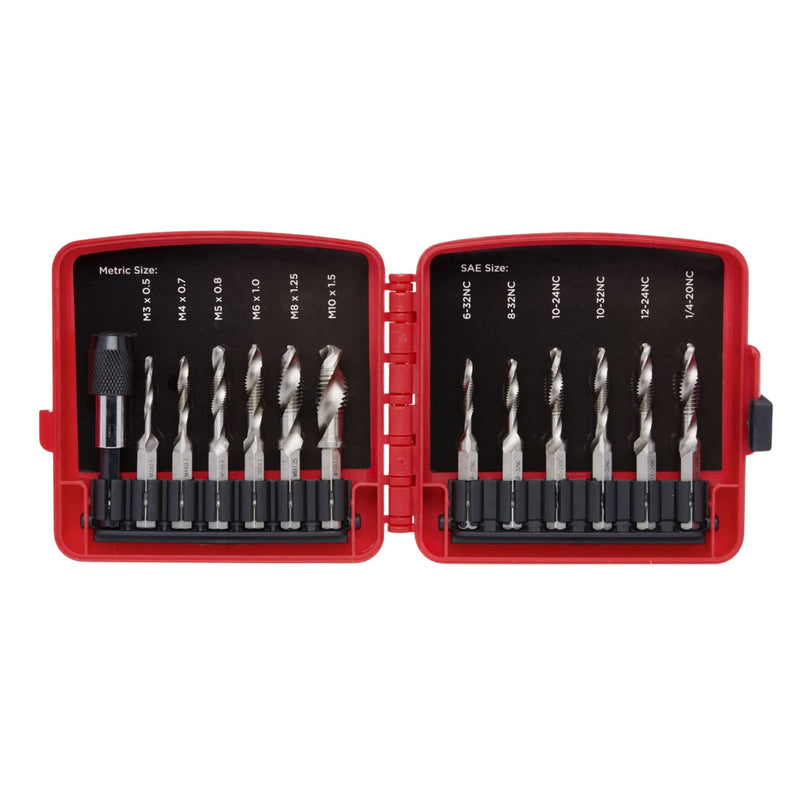 NEIKO 10059A Combination Drill and Tap Bit Set with Quick Change Adapter, 13 Piece, SAE (6-32NC to 1/4-20NC) and Metric Drill Bit Set (M3 to M10), Metric Tap Set Combo Drill Tap