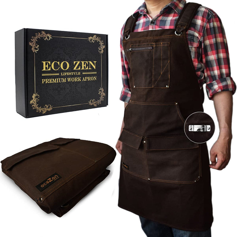 16oz Waxed Canvas Work Apron with Tape Holder - Fully Adjustable, Tough Protection for Men Brown