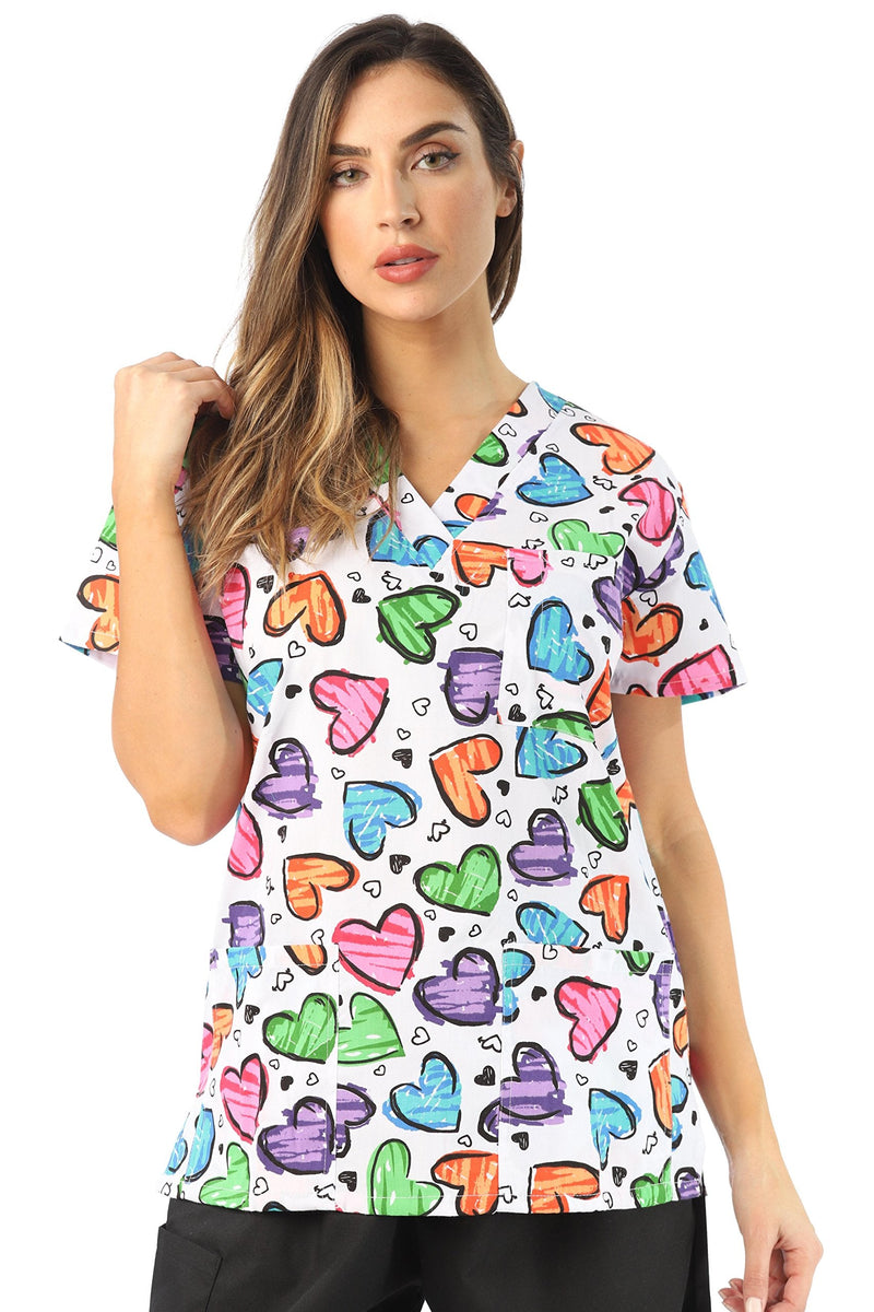 Just Love Womens Holiday Scrub Tops Large White Heart New