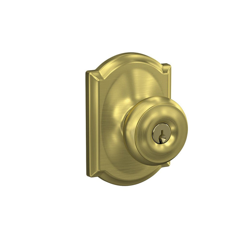 SCHLAGE F51A GEO 608 CAM Georgian Knob with Camelot Trim Keyed Entry Lock, Satin Brass