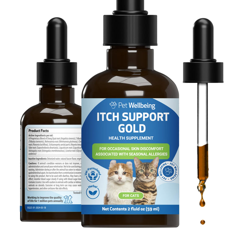 Pet Wellbeing Itch Support Gold for Cats - Occasional Itching, Scratching, and Hot Spots, Environmental and Seasonal Allergies, Dong Quai - Veterinarian-Formulated Herbal Supplement 2 oz (59 ml) 2 fl oz (59 ml)