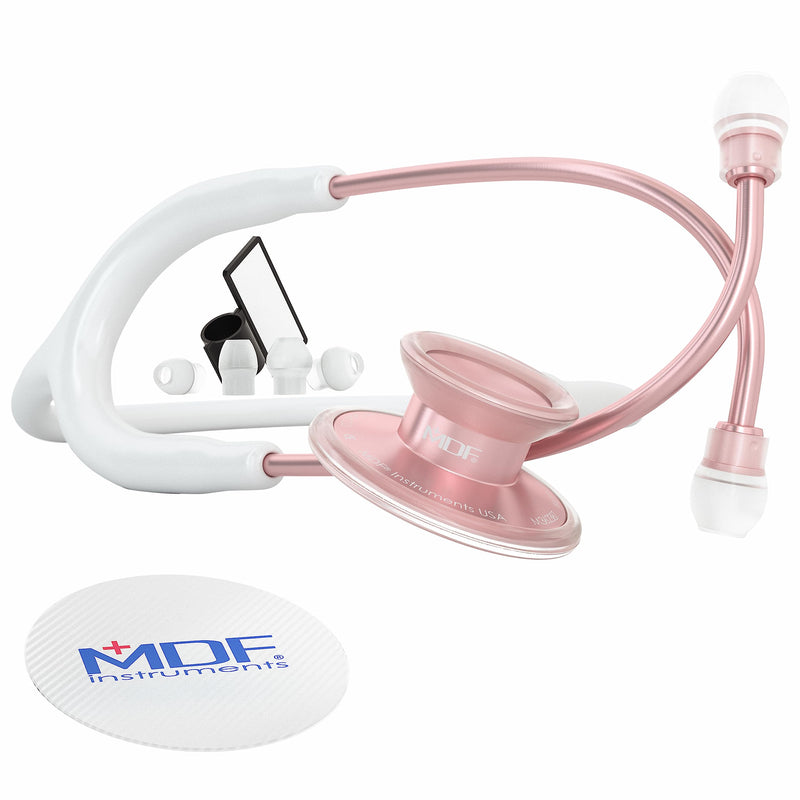 MDF Instruments, Acoustica Lightweight Stethoscope for Doctors, Nurses, Students, Home Health Use, Adult, Dual Head, White Tube, Rosegold (Matte Finish) Chestpiece-Headset, MDF747XPRG29 RoseGold (Matte) - White
