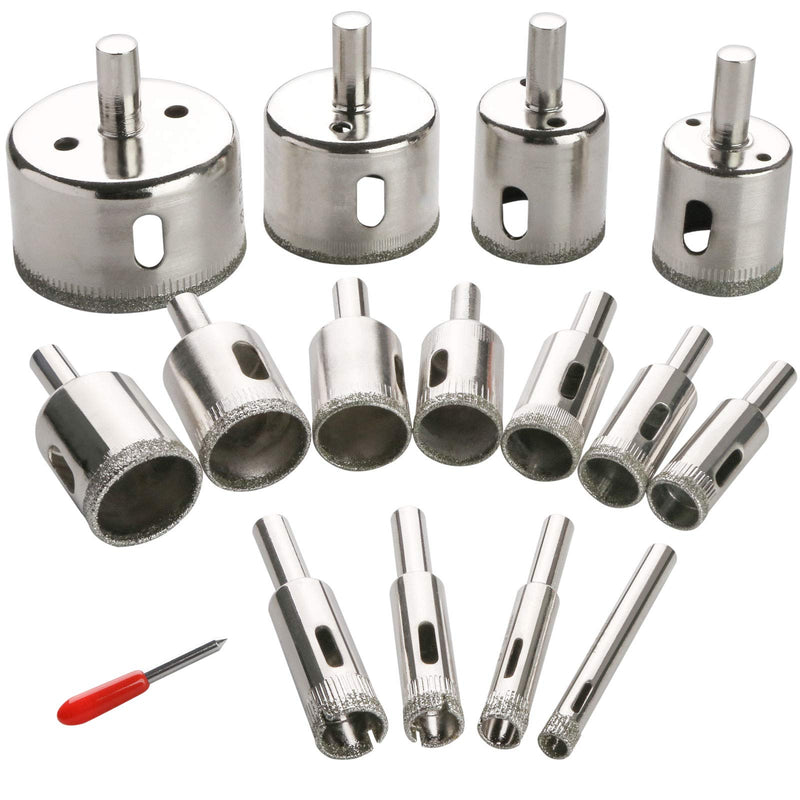 3 otters 15PCS Diamond Hole Saw Kit, Glass Drill Bits for Drilling Holes in Glass, Bottles, Marble, Granite Stone, Tile Cutting 0.24 Inch - 2 Inch（6mm - 50mm