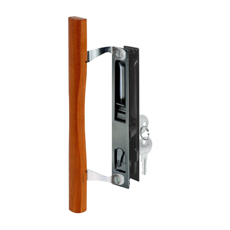 Prime-Line MP1032 Sliding Door Handle Set, 6-5/8 In., Diecast and Wood, Hook Style, Flush Mount, Keyed (Single Pack)