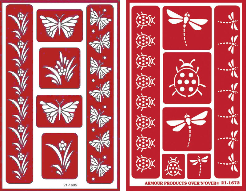 Over 'n' Over Reusable Self-Stick Etching Stencil for Glass (or Stamping) - Bundle of Two Sets - Butterflies & Garden Friends