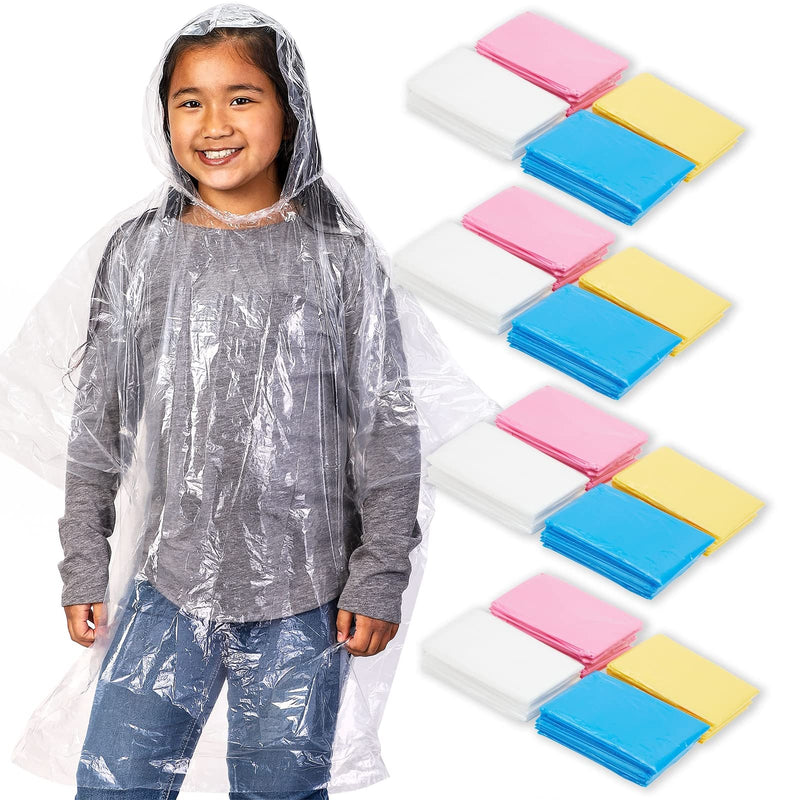 BLUE PANDA 20-Pack Disposable Rain Ponchos for Kids - Emergency Plastic Raincoats with Hood for Boys and Girls (4 Colors, Clear)