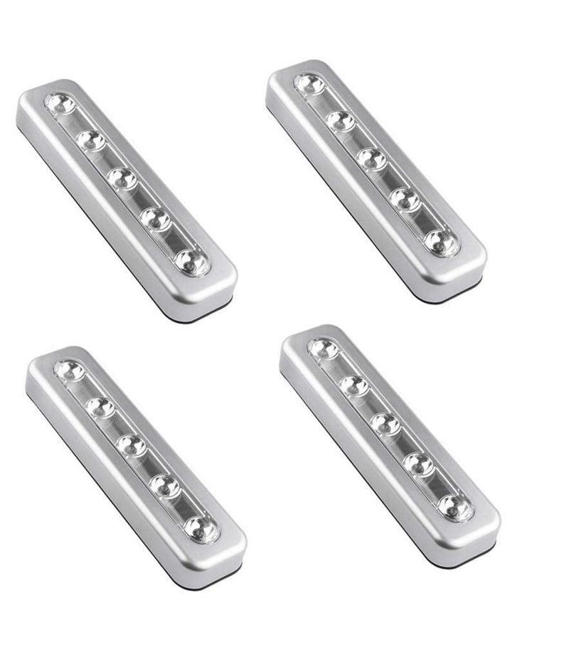 Pack of 4, DIY Stick-on 5 LED Touch Tap Lights Battery-Powered Push Night Light for Closets, Cabinets, Cupboard, Hallway, Stairs, Attics, Garages, Car, Sheds, Storage Room (Silver) Silver