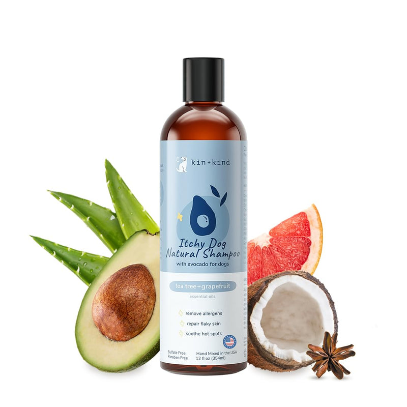 kin+kind Anti-Itch Dog Shampoo for Itchy Skin and Allergies - Safe, Natural Formula with Olive, Coconut, and Avocado Oil - Made in The USA - Great for Dog Grooming and Puppy Supplies (12 fl oz) Tea Tree+Grapefruit - PawsPlanet Australia