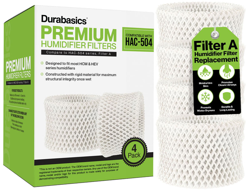 Durabasics 4 Pack of Premium Humidifier Filters Compatible with Honeywell Humidifier Filters HAC-504, HAC-504AW & Honeywell Filter A | Replacement for HCM 350 Filters & Cool Mist Humidifiers 4 Pack - Standard White