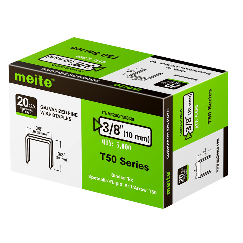 meite T50 Staples, 3/8 Inch Heavy Duty Staples for Staple Gun, 20 Gauge 3/8 Inch Crown Galvanized Upholstery Staples Staple Gun Staples (5,000 Counts) 1 Box (5,000 Counts)