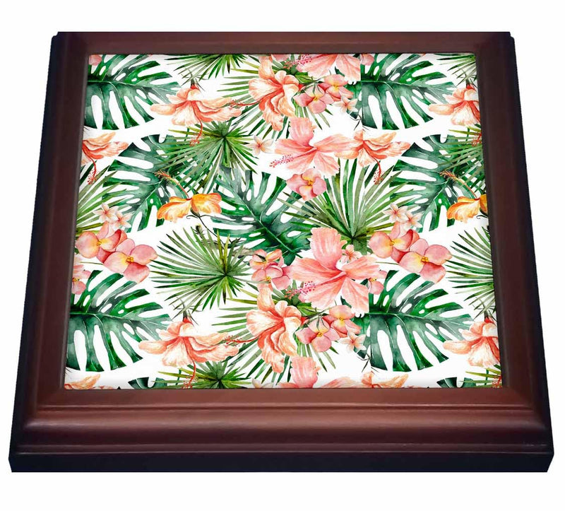 3dRose trv_269101_1 Trivet with Tile - Aloha Hibiscus Flower Leaves Monstera Jungle Tropical Hawaii Pattern (), 8 by 8"