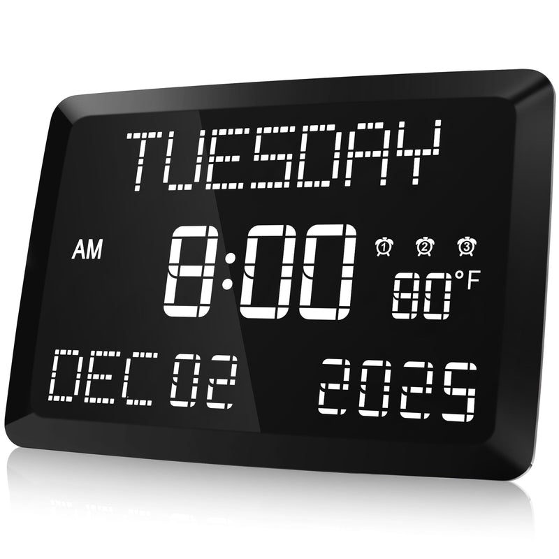 Raynic Digital Clock, 11.5" Large Display Calendar Clock with Day and Date, Indoor Temperature, Adjustable Brightness, Snooze,12/24H, DST for Home, Office, Elderly White Font