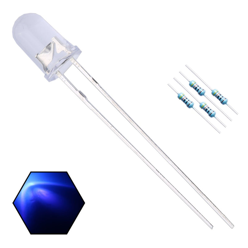 100pcs 5mm 395-400nm UV Ultraviolet LED Light Emitting Diode Clear Round Lens 29mm Long Lead (DC 3V) LEDs Lights +100pcs Resistors (for DC 6-12V) Included,Bright Bulb Lamps [B] 5mm Constant Light [11] Purple (Uv) / 100pcs