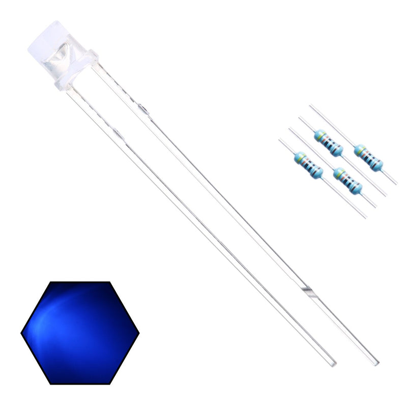 100pcs 3mm Blue Lights LED Diodes Flat Lens 29mm Long Lead (DC 3V) +100pcs Resistors (for DC 6-12V) Included, Bright Bulb Lamps Light Emitting Diode [08] Blue / 100pcs 3mm Flat Top