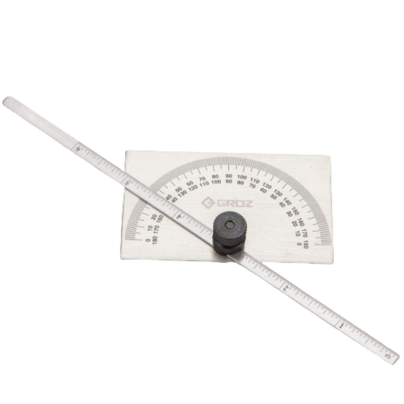Groz 6" Stainless Steel Rectangular Head Depth Gauge with Protractor, Dual Imperial and Metric Graduations, 2-in-1 Machinist Layout Tool (01225)