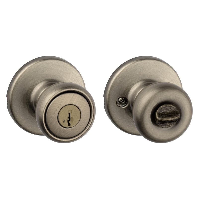 Kwikset Tylo Entry Door Knob with Lock and Key, Secure Keyed Handle Exterior, Front Entrance and Bedroom, Antique Brass, Pick Resistant SmartKey Rekey Security and Microban Updated Packaging