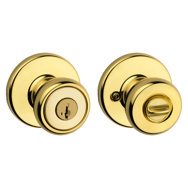 Kwikset Tylo Entry Door Knob with Lock and Key, Secure Keyed Handle Exterior, Front Entrance and Bedroom, Polished Brass, Pick Resistant SmartKey Rekey Security 1 Pack Keyed Entry with Smartkey