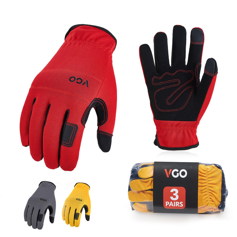 Vgo... 3-Pairs Synthetic Leather Work Gloves, Multi-Purpose Light Duty Work Gloves, Breathable & High Dexterity, Touchscreen Medium (Pack of 3) Red+gray+yellow
