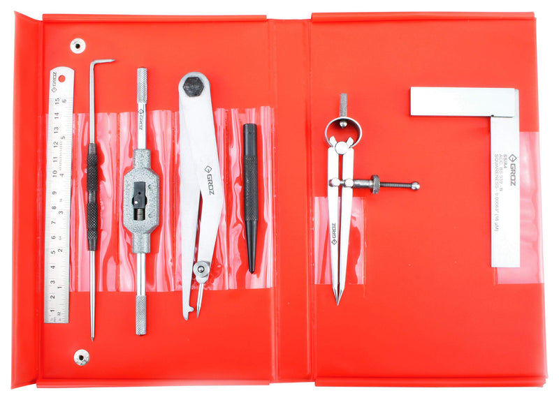 Groz 7-Piece Engineer's Tool Set with Wallet Case, Includes 4" Precision Square, 6" Jenny Caliper, 6" Steel Rule, Scriber, Center Punch, Tap & Reamer Wrench, 4" Spring Divider (3601)