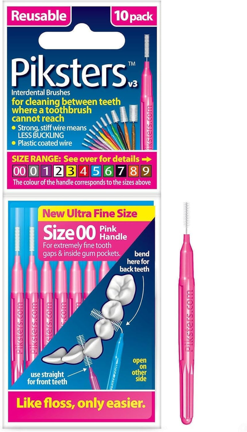 Piksters Interdental Brushes, 10 pk, Size 00, Interdental Brush for Extremely Fine Gaps, Gum Soft Bristles for Plaque Removal, Safe for Braces Pink (Size 00) 10 Count (Pack of 1)