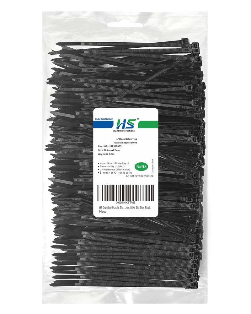 HS Durable Plastic Zip Ties 4 Inch (Bulk-1000 Pack) Small Tie Wraps Thin 18 Lbs Self-Locking Nylon Cable Ties for Electronics Organizer, Wire Zip Ties UV Rated Black Black 4"1000