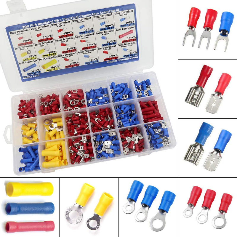 300 PCS Insulated Wire Electrical Connectors - Butt, Ring, Spade, Quick Disconnect - Crimp Terminals Connectors Assortment Kit PVC Crimp Connectors 300 PCS