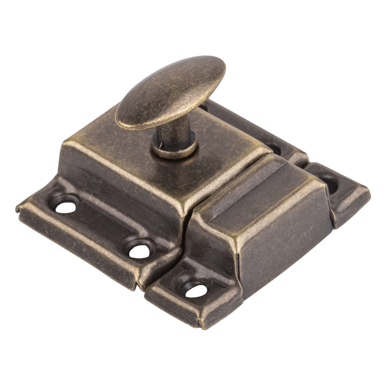 Small Stamped Antique Brass Cabinet Door Latch - 1 7/8" × 1 7/8" - Spring Loaded Cupboard Door Latch with Oval Turn - Vintage Cabinet Hardware | UA-141-LAB (1)