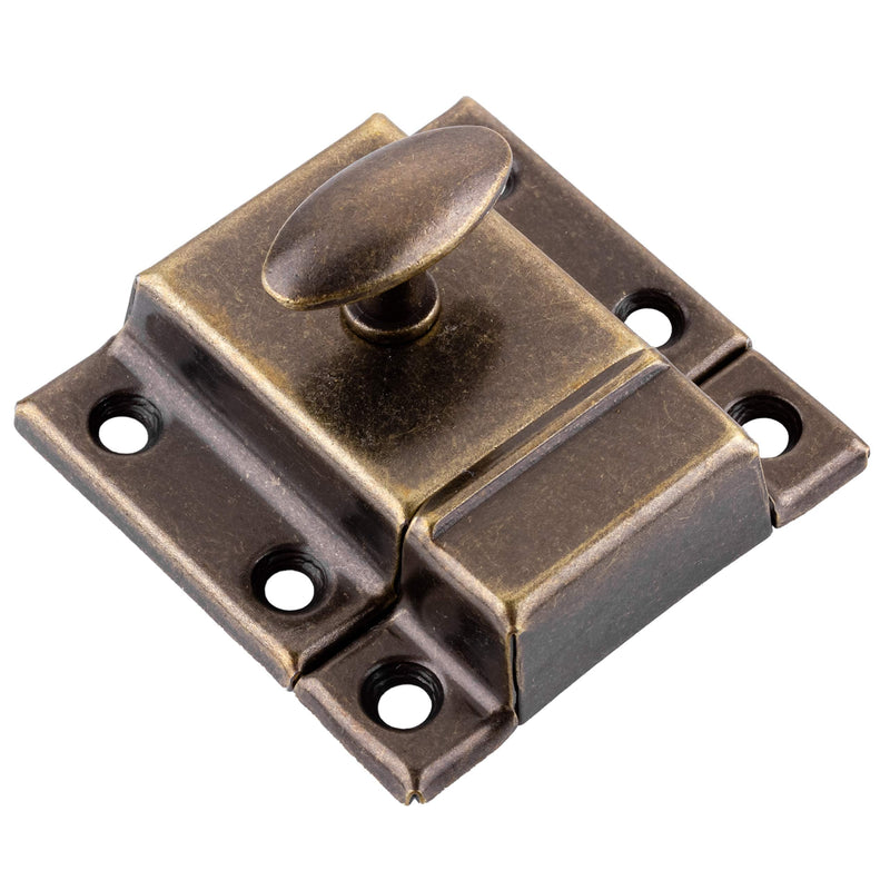 Large Stamped Antique Brass Cabinet Door Latch - 2 1/8" × 2 1/8" - Spring Loaded Cupboard Door Latch with Oval Turn - Vintage Cabinet Hardware | UA-140-LAB (1)