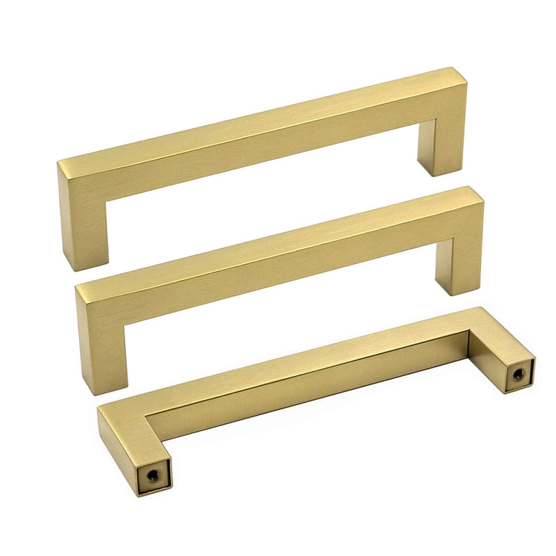 goldenwarm 5 Inch Gold Cabinet Pulls 10 Pack Brushed Brass - LSJ12GD128 Gold Cabinet Handles Square Brushed Gold Kitchen Hardware Pulls for Dresser Drawers 5in hole centers