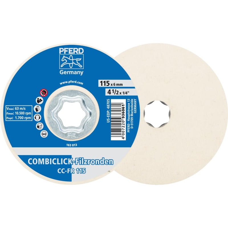 PFERD COMBICLICK Felt Disc, 5 pc. | 4-1/2 inch dia. | 48705 - for pre-polishing and high-gloss polishing with an angle grinder, works with polishing paste bars