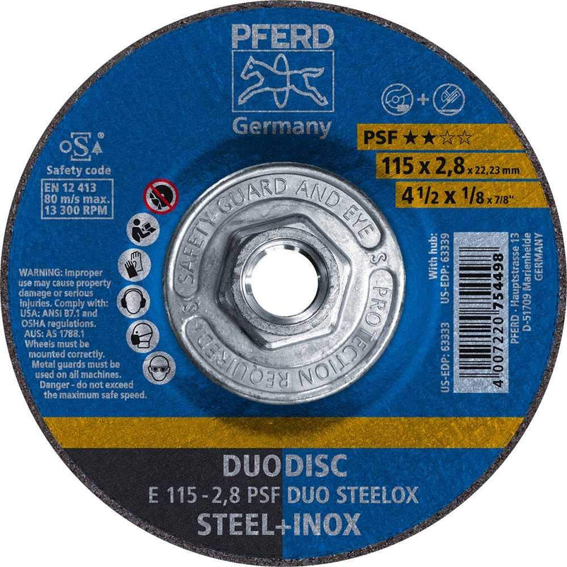PFERD 4-1/2" PSF DUODISC STEELOX Combination Cutting and Grinding Wheel - Type 27, Aluminum Oxide, 1/8" Thick, 5/8-11 Thread, 13300 RPM (Pack of 10) - Part 63339