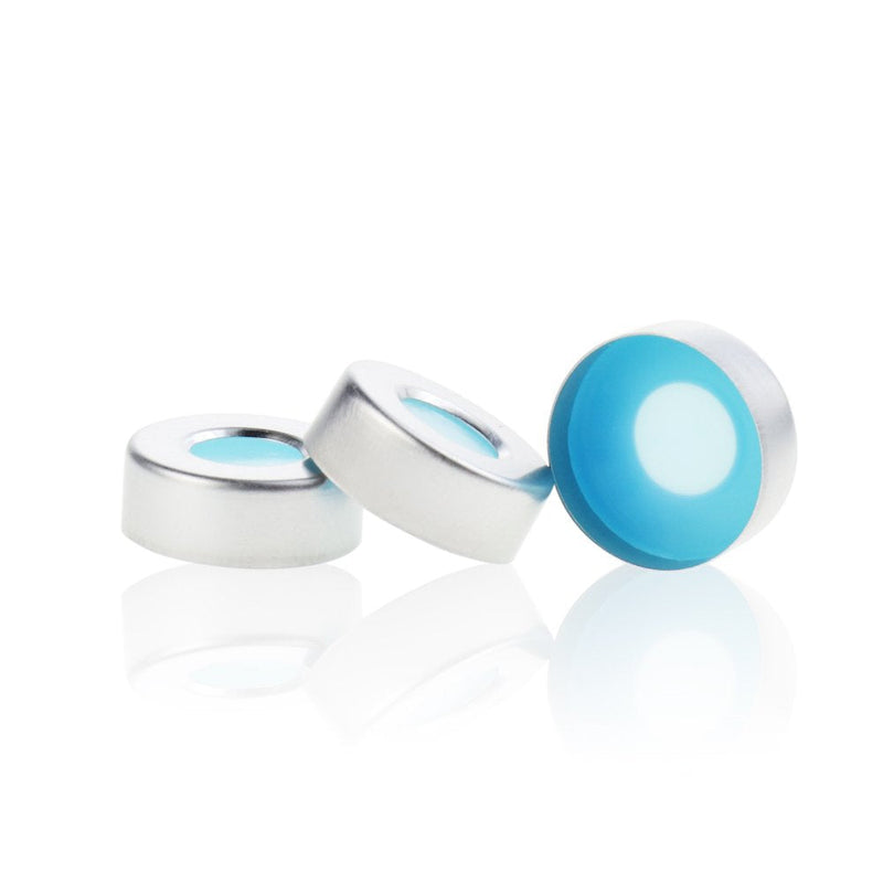 ALWSCI Aluminum Crimp Seal (10mm Hole) with 20 mm Natural PTFE/Blue Silicone Septa 3.0 mm Thick for Headspace Vial, 20 mm Closure Size, Case of 100 (UltraClean)