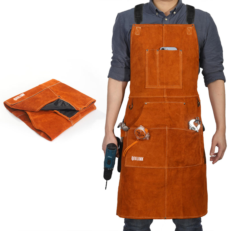 QeeLink Leather Welding Work Apron with 6 Tool Pockets, Heat & Flame Resistant Apron, 24" x 36", Adjustable M to XXXL Brown