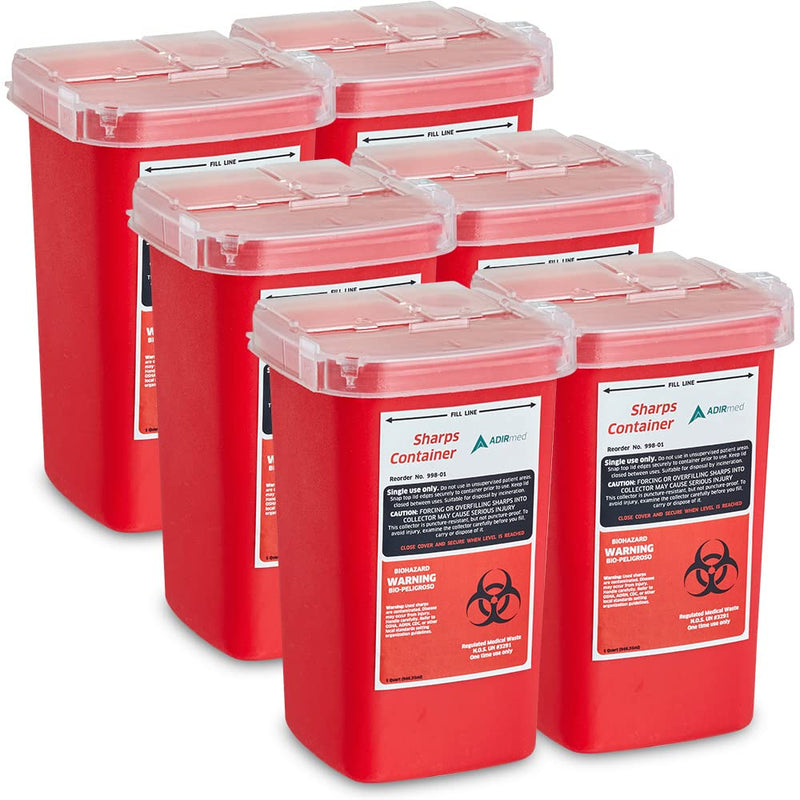 AdirMed Sharps Disposal Container with Flip Open Lid - Biohazard and Syringe Disposal Container - Ideal for Home, Clinic, Office, Barber Use with Flip-Open - (1 Quart, 6-Pack) 1 Quart 32 Fl Oz (Pack of 6)