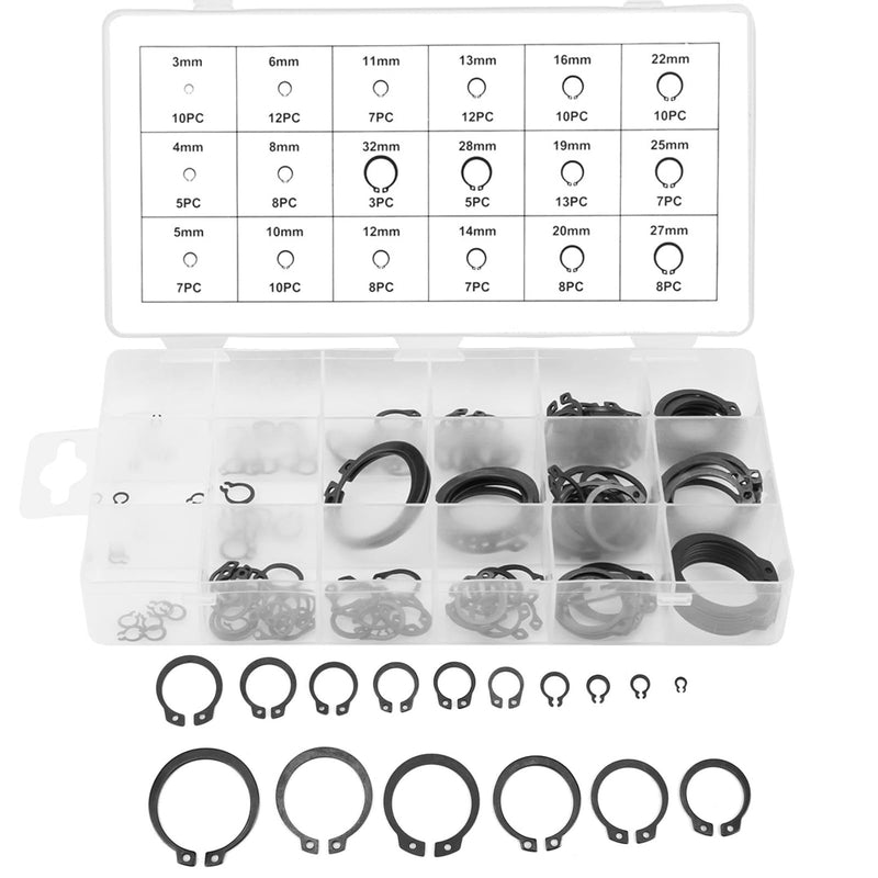 150pcs Black C Clips Snap Ring Shop Assortment Internal External Lock Snap Retaining Ring Metal Circlip for Industrial Fasteners 18 Sizes with Box Size 3mm - 32mm